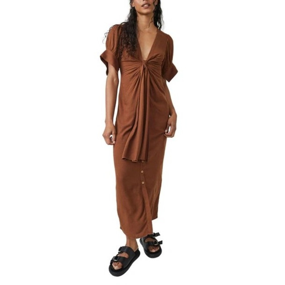 Free People Vintage Summer‎ Rust Brown Midi Shirt Dress Large Tie Front Boho